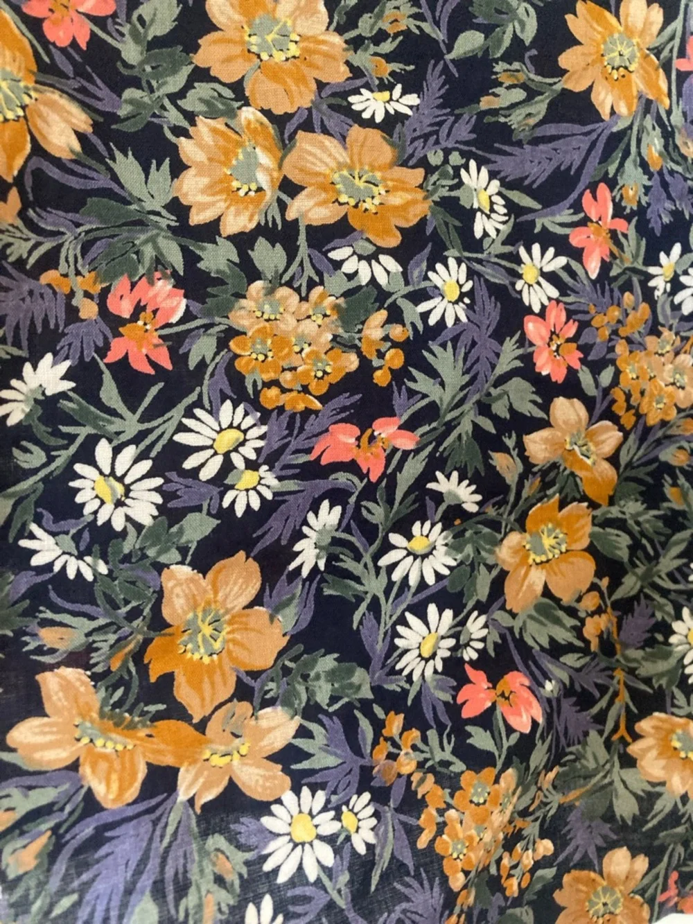 Floral Button-Up Blouse in Navy with Mustard and Pink Flowers